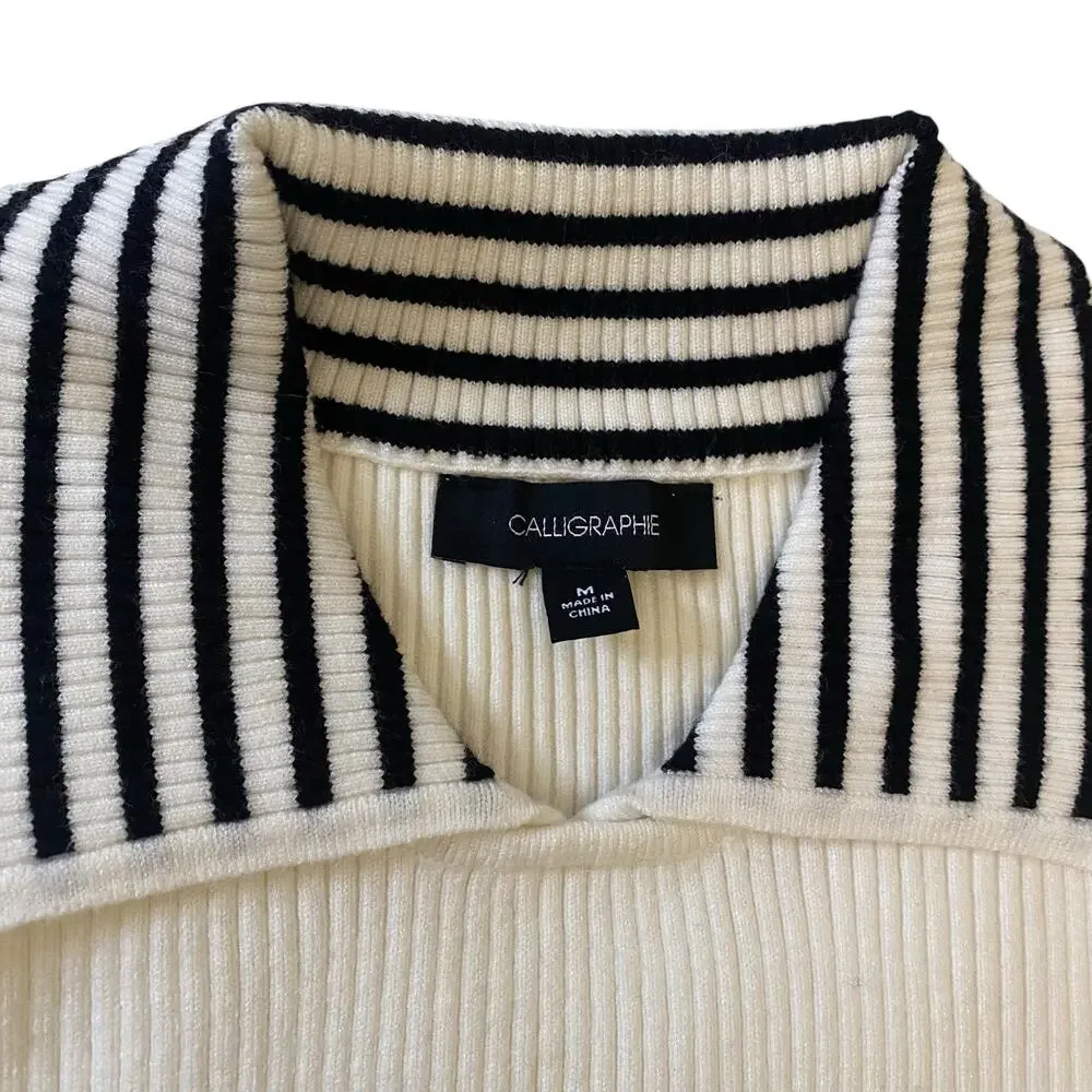 Women's Sz Medium Calligraphie Collared Short Sleeve Fitted Black/White Sweater